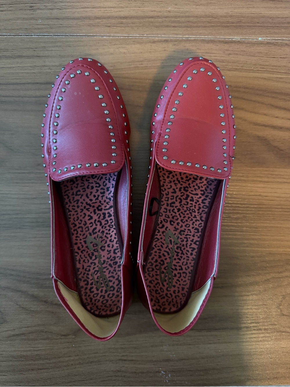 Vintage Style Red Studded Loafers with Leopard Insole